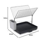Compact 2-tier dish rack showing measurements for kitchen counter placement.