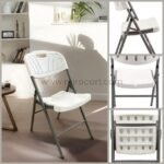 Folding chair shown from multiple angles with ergonomic backrest and foldable design.