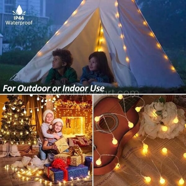 Collage of globe string lights in tents, festive settings, and decorative displays, showcasing versatility.