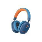 Green Lion Echo Max Bluetooth Headphones with blue ear cups and headband, accented by orange details. Features volume control symbols for seamless adjustments.