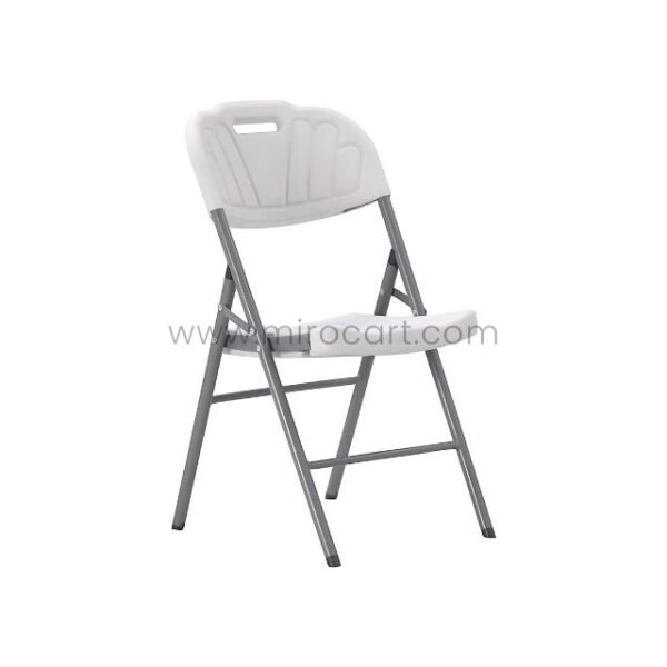 Sturdy white foldable chair with handle cutout for easy carrying and storage. Ideal for versatile indoor or outdoor seating.