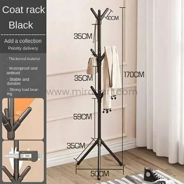 Detailed view of black tree branch coat hanger with labeled measurements.