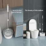 Hands-free spin mop in a small bucket displayed in kitchen and bathroom settings.