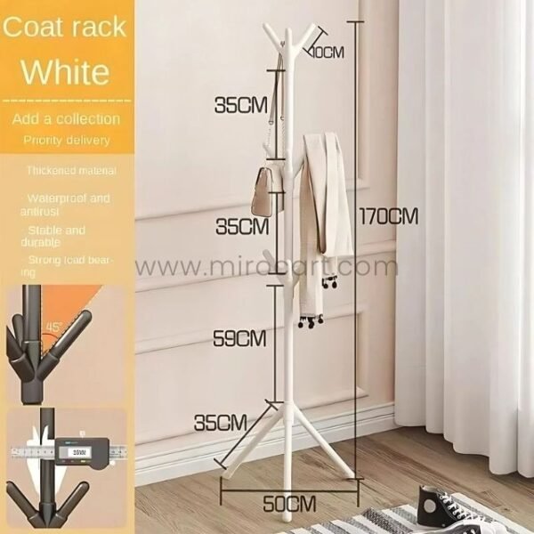 White coat hanger with technical specifications and hook measurements.