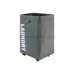 Gray rolling laundry basket with "LAUNDRY" lettering and wheels for easy transport.