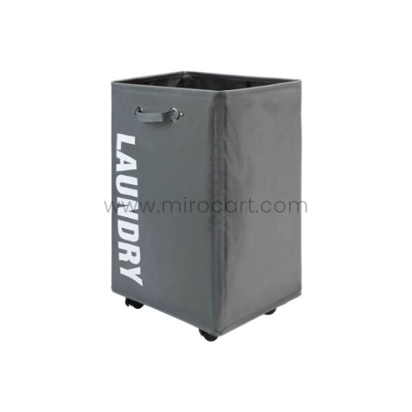 Gray rolling laundry basket with "LAUNDRY" lettering and wheels for easy transport.
