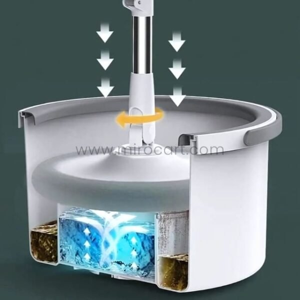 Hands-free spin mop bucket with dual compartments for clean and dirty water separation.