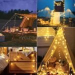 Collage of globe string lights in camping, festive, and cozy indoor setups, highlighting versatile use.