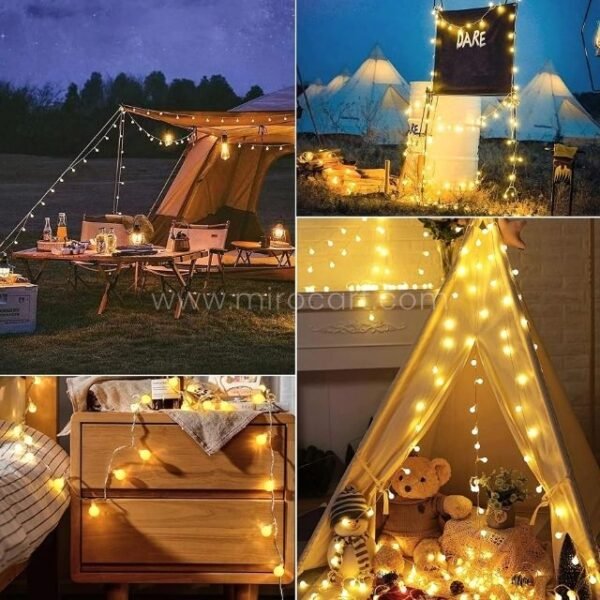 Collage of globe string lights in camping, festive, and cozy indoor setups, highlighting versatile use.