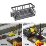 Before and after collage showing transformation with stainless kitchen sink caddy installation.