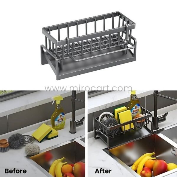 Before and after collage showing transformation with stainless kitchen sink caddy installation.