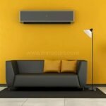 Adesso Swivel Floor Lamp with a sleek black pole and white shade, positioned beside a modern sofa against a bold yellow wall.