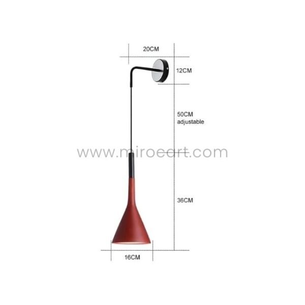 A Nordic Cone Wall-Mounted Lamp in red with labeled dimensions, showcasing its adjustable 50 cm cord and cone-shaped shade measuring 36 cm tall.