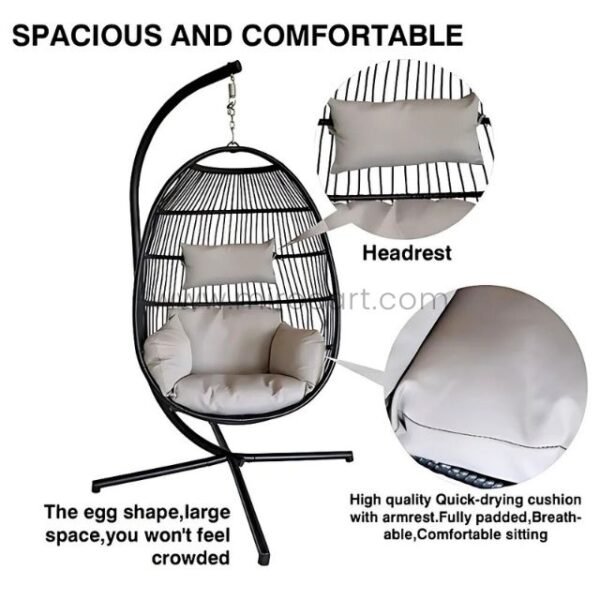 Close-up of the Premium Hanging Egg Chair showcasing its spacious design, headrest, and high-quality quick-drying cushions.