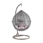 Front view of modern grey egg chair with black stand and plush cushion