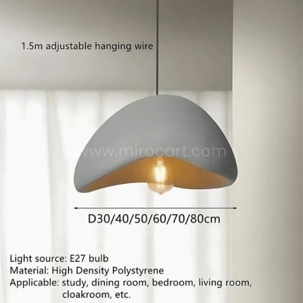 A detailed view of the Creative Wabi-Sabi Pendant Lamp, showcasing its adjustable hanging wire, E27 bulb compatibility, and various sizes.