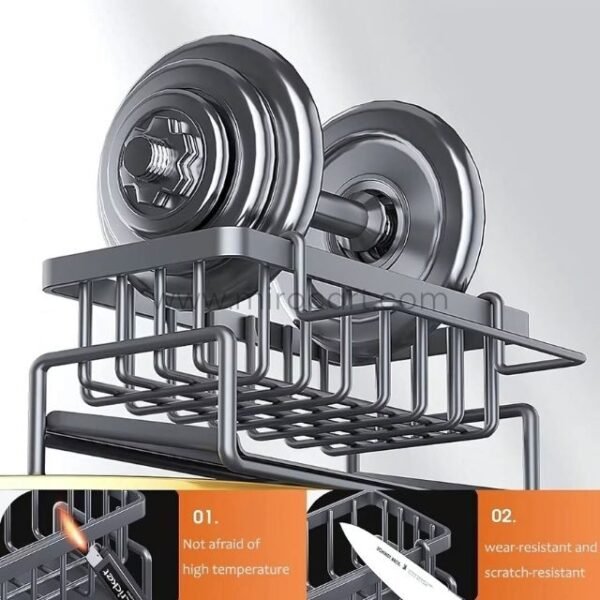 Durable stainless kitchen sink caddy tested for high temperature and scratch resistance.