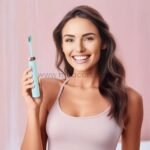 A woman holding the pastel blue Green Lion electric toothbrush, showcasing its sleek design and her bright smile, highlighting its effectiveness in achieving optimal oral hygiene, especially for sensitive teeth.