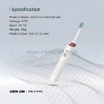 Detailed specifications of the Green Lion electric toothbrush including voltage, input, weight, and compact size for portability.