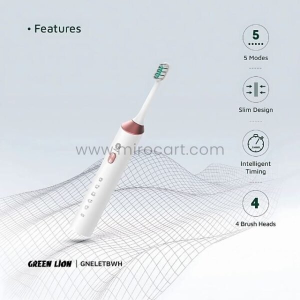 The Green Lion electric toothbrush displayed with key features like 5 modes, slim design, intelligent timing, and interchangeable brush heads.