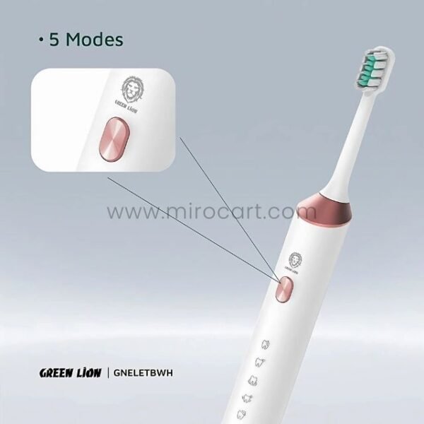 The Green Lion electric toothbrush control panel displayed emphasizing 5 customizable cleaning modes for personalized oral care.