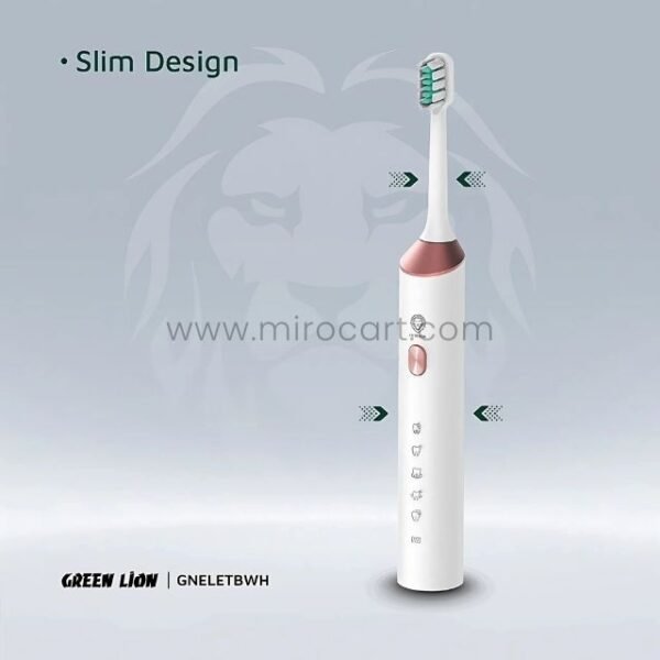 The Green Lion electric toothbrush shown with its sleek slim profile highlighting comfort and ease of use during brushing.