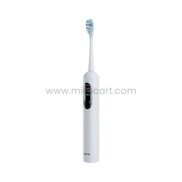 Close-up of the Green Lion Smart Toothbrush emphasizing its compact design and vibrant TFT display