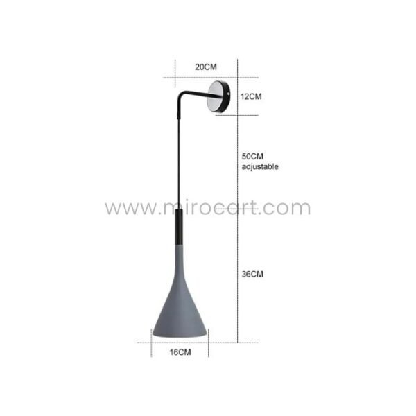 A Nordic Cone Wall-Mounted Lamp in gray with labeled dimensions, including a 50 cm adjustable cord and a cone-shaped shade measuring 36 cm tall.