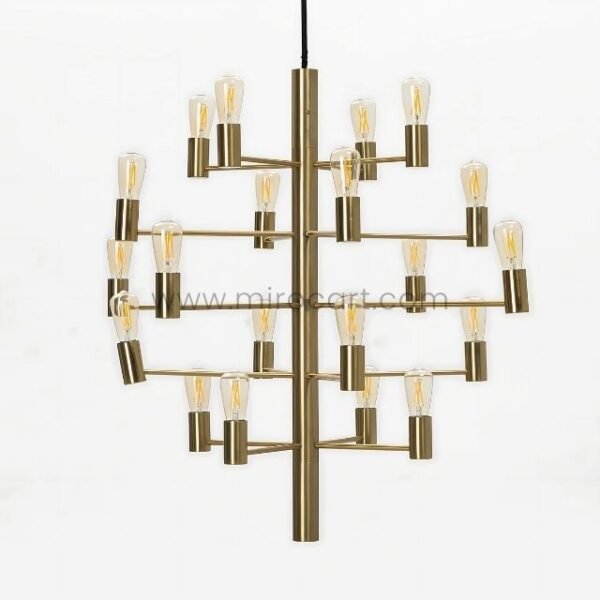 A sleek geometric chandelier featuring 20 exposed bulbs in a polished gold finish.