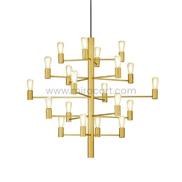 A sleek geometric chandelier with 20 exposed filament bulbs in a polished gold finish.