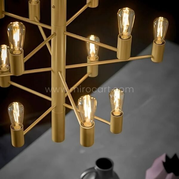 A detailed close-up of the chandelier, showcasing its intricate craftsmanship and warm illumination.