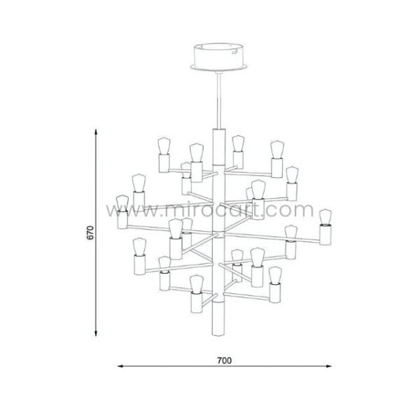 A technical drawing detailing the chandelier’s dimensions: height 67 cm, diameter 70 cm.