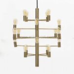 A chandelier with a layered geometric structure and inviting glow.