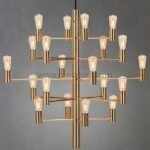 A polished gold chandelier with 20 exposed filament bulbs, set against a neutral backdrop.