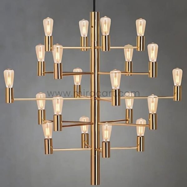 A polished gold chandelier with 20 exposed filament bulbs, set against a neutral backdrop.