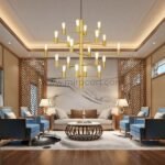 A sophisticated chandelier illuminating a stylish living room with wooden accents and blue seating.