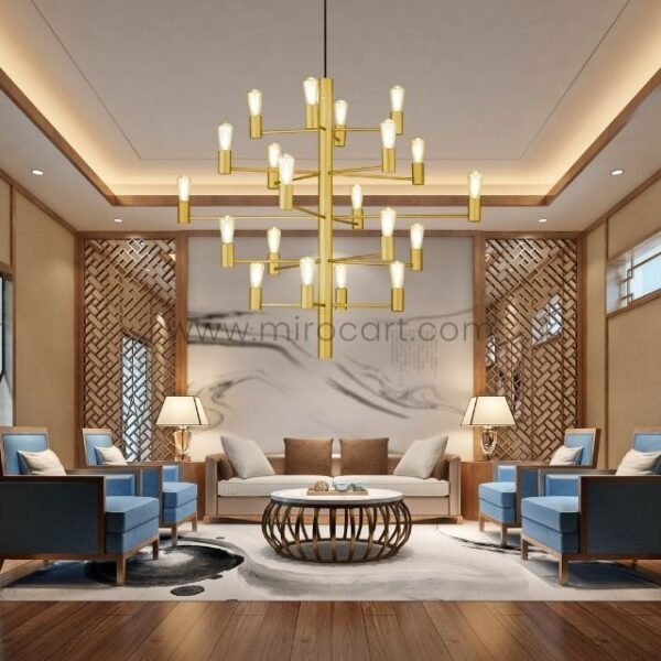 A sophisticated chandelier illuminating a stylish living room with wooden accents and blue seating.