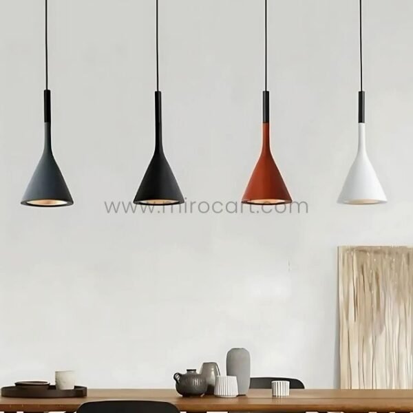 Four Nordic Cone Pendant Lamps in black, brique, and white suspended above a modern dining table with minimalist decor.