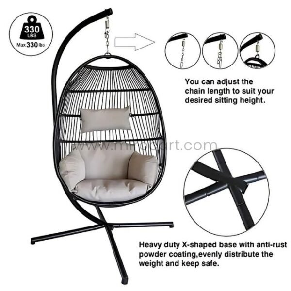 Adjustable chain and heavy-duty X-shaped base of the Premium Hanging Egg Chair, highlighting its stability and customization options.
