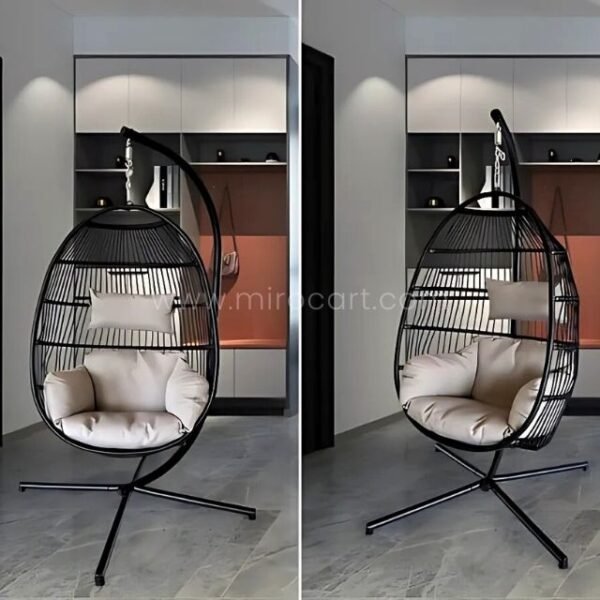Premium Hanging Egg Chair displayed in two different modern interior settings, showcasing its versatility.