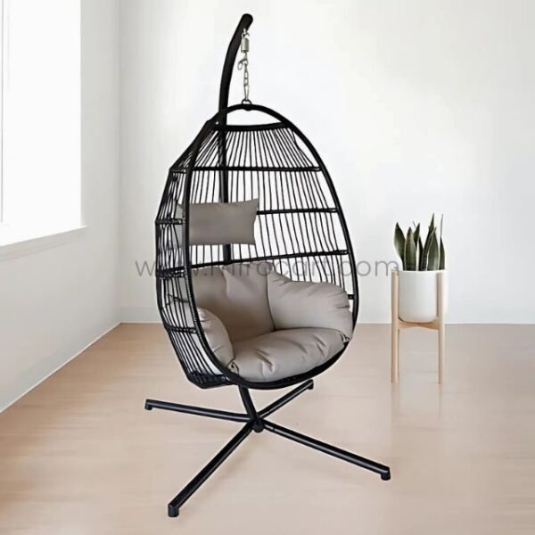 Premium Hanging Egg Chair with a black frame and cushioned seat, placed in a minimalist room with natural light.