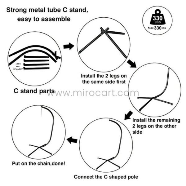 Step-by-step assembly guide for the Premium Hanging Egg Chair’s strong metal tube C stand, highlighting its ease of installation.