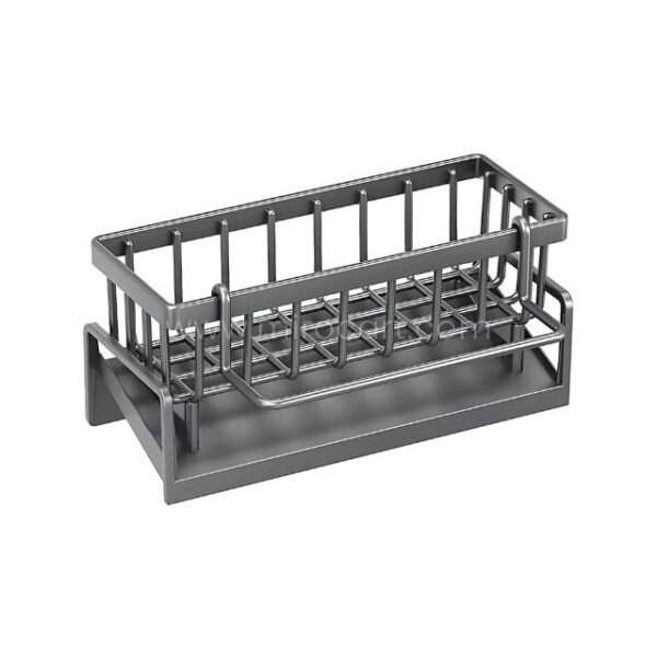 Minimalist stainless kitchen sink caddy with open grid structure for organizing cleaning tools.