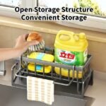 Stainless kitchen sink caddy with open storage structure showcasing easy access to cleaning tools.