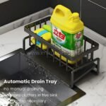 Stainless kitchen sink caddy equipped with an automatic drain tray to prevent water pooling.