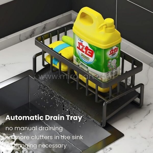 Stainless kitchen sink caddy equipped with an automatic drain tray to prevent water pooling.