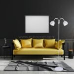 White Twin-Head FJORD Floor Lamp adding brightness to a bold yellow living room with stylish accents.