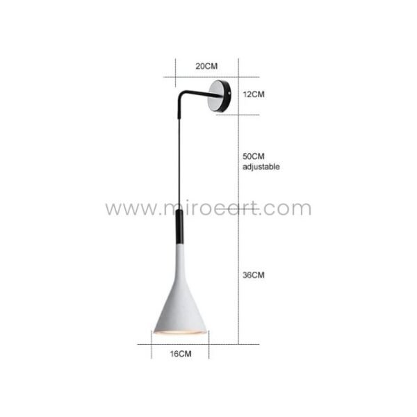A Nordic Cone Wall-Mounted Lamp in white with labeled dimensions, emphasizing its adjustable 50 cm cord and cone-shaped shade measuring 36 cm tall.