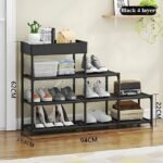 A detailed view of the black 4-layer shoe rack’s dimensions: 62 cm tall, 22 cm deep, 94 cm wide, and 21.5 cm thick.