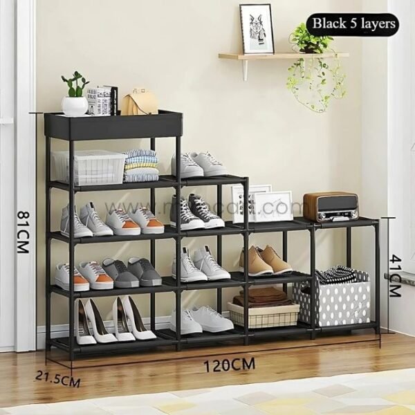 A detailed view of the black shoe rack’s dimensions: 81 cm tall, 41 cm deep, 120 cm wide, and 21.5 cm thick.